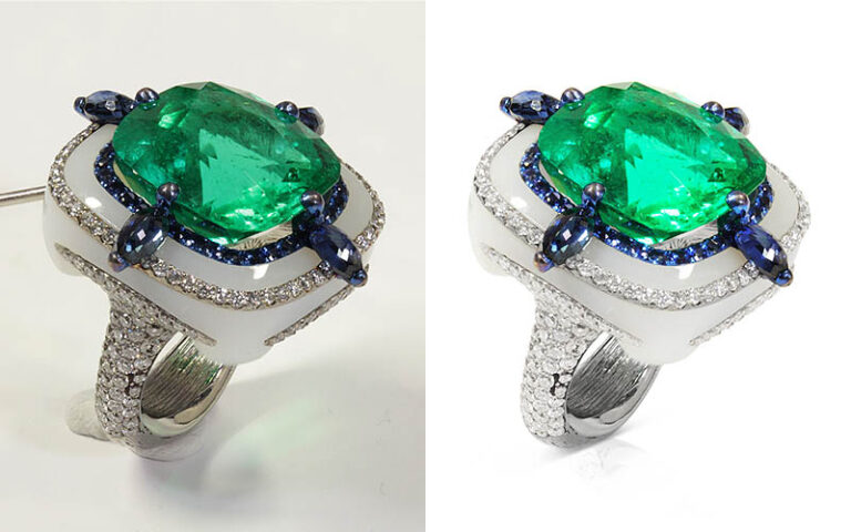Jewellery retouching portfolio with sparkling diamond enhancements, polished gold, and clean product photography